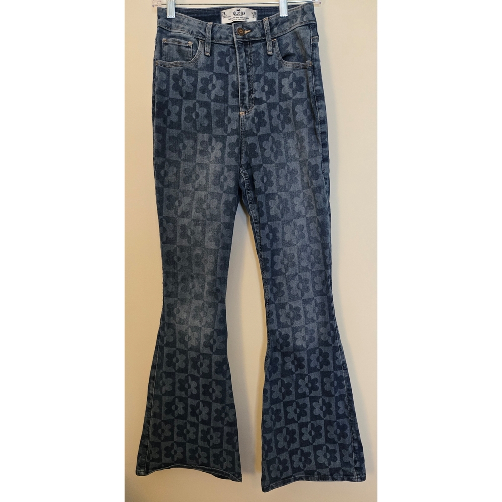 Hollister Bell Bottom Flower Jeans Pants Sz 7 R 28" Tall Festival Boho Hippie
